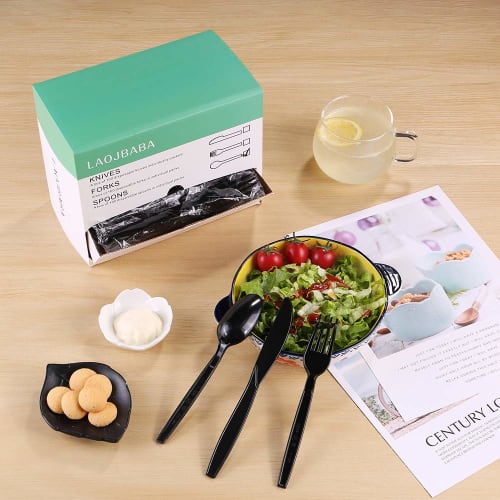 Laojbaba Disposable Plastic Forks, Individually Wrapped, Black, 7-inch, for Commercial Use, Takeout, Extra Hard, Heavy-Duty, Individually Wrapped, 100