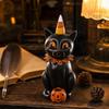 Halloween Cat Figurine Sitting with Pumpkin and Candy Corn Hat Decorative Resin Statue for Seasonal Tabletop Display and Home Decor