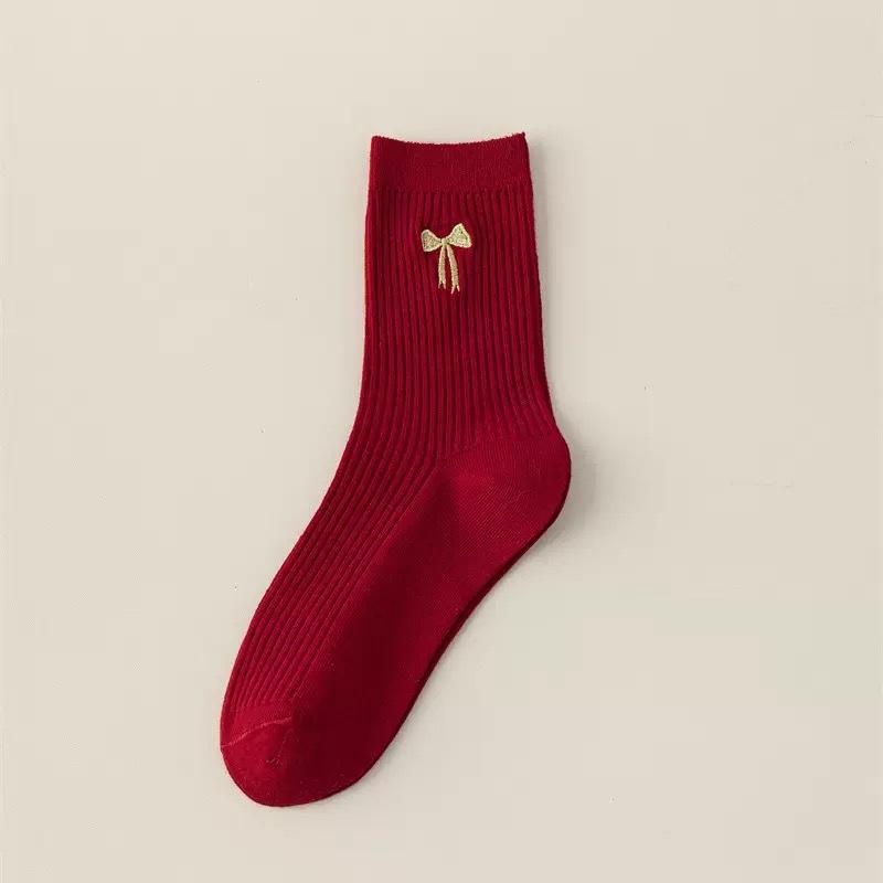 Dark Red Sock Children's Style Winter and Autumn Double Embroidery Wedding and New Year Mid-length Socks
