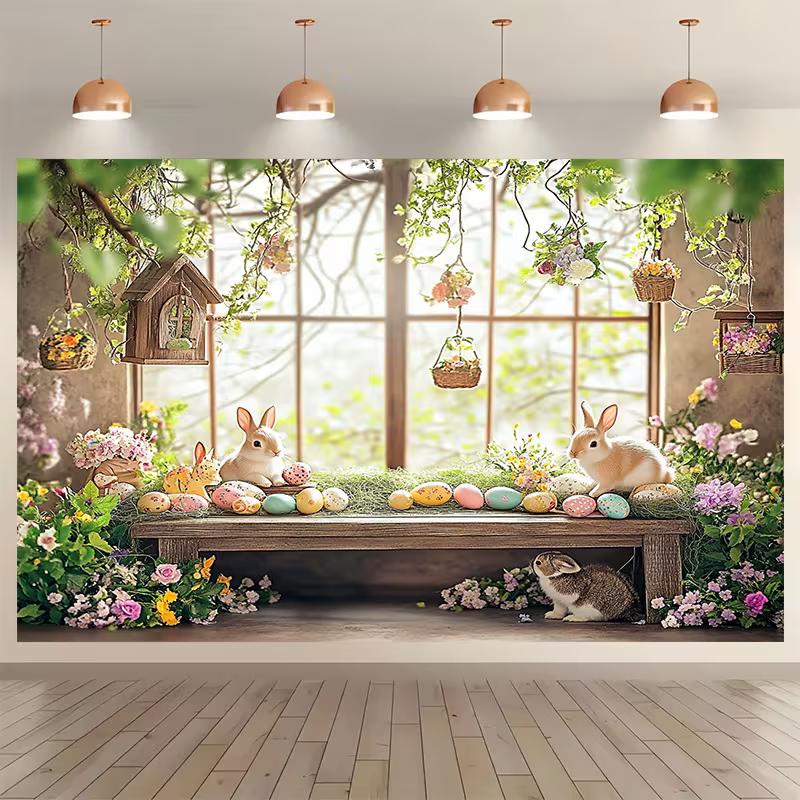 2D Happy Easter Backdrop Cloth 2D Print Floral Garden Bunny Living Room Wall Decor
