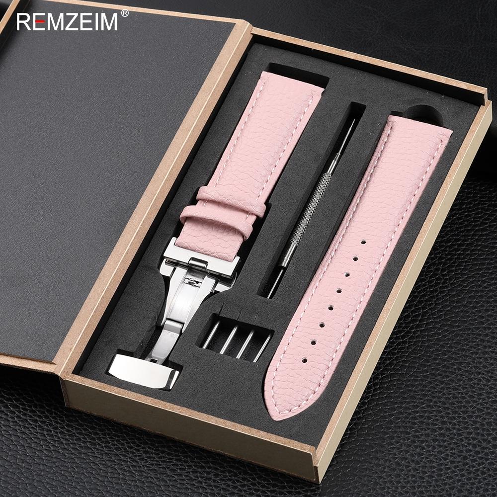 Litchi Pattern Design Leather Wrist Band 18mm 20mm 22mm Men Women Strap with Butterfly Buckle Gift Box Packaging Watchband