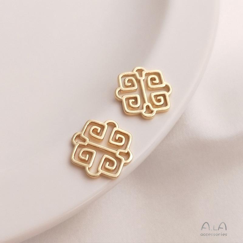 14K Gold Filled Copper-Plated Hollow Flower Totem Double Pendant for DIY Earrings, Bracelets, and Jewelry.