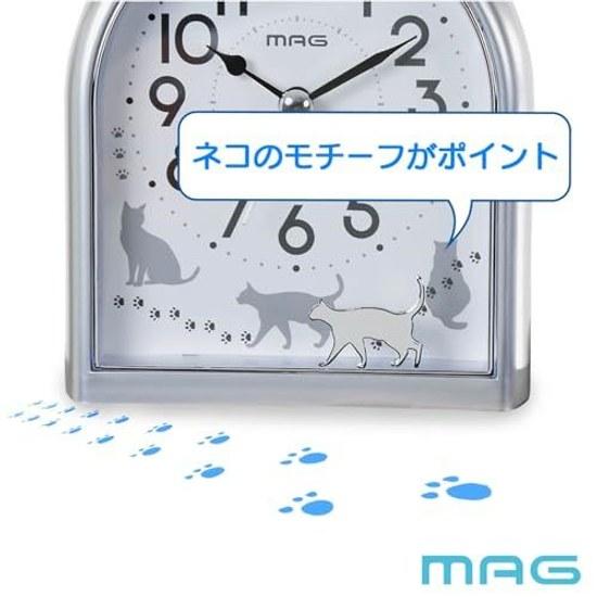MAG Alarm Clock Table Analog Cat Animal Cute Children Silent Continuous Second Hand Electronic Sound Snooze Light Silver Approximately 12.8 Cm Tall