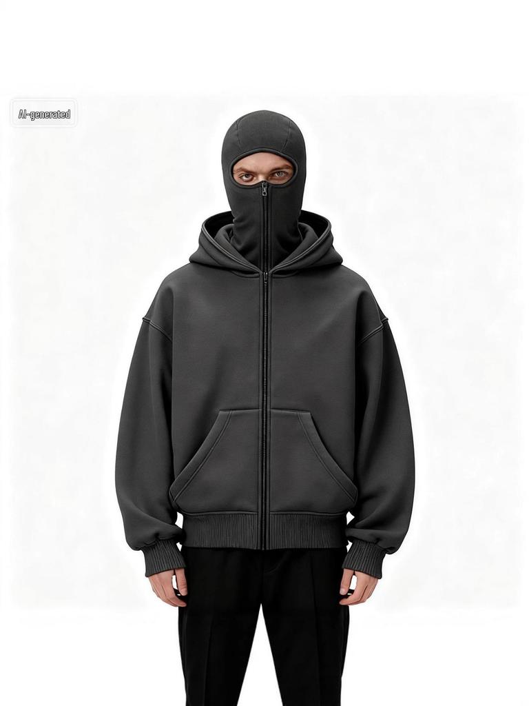 Masque à Capuche Double Couche Unisexe Zippé Style Y2K pour l'Automne/Hiver