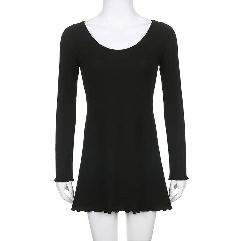Herbst Party Kleid Solide Elegante Ausgestelltes Volle Hülse Dünne Gestrickte Mini A-linie Kleider Frauen Kleidung Koreanische