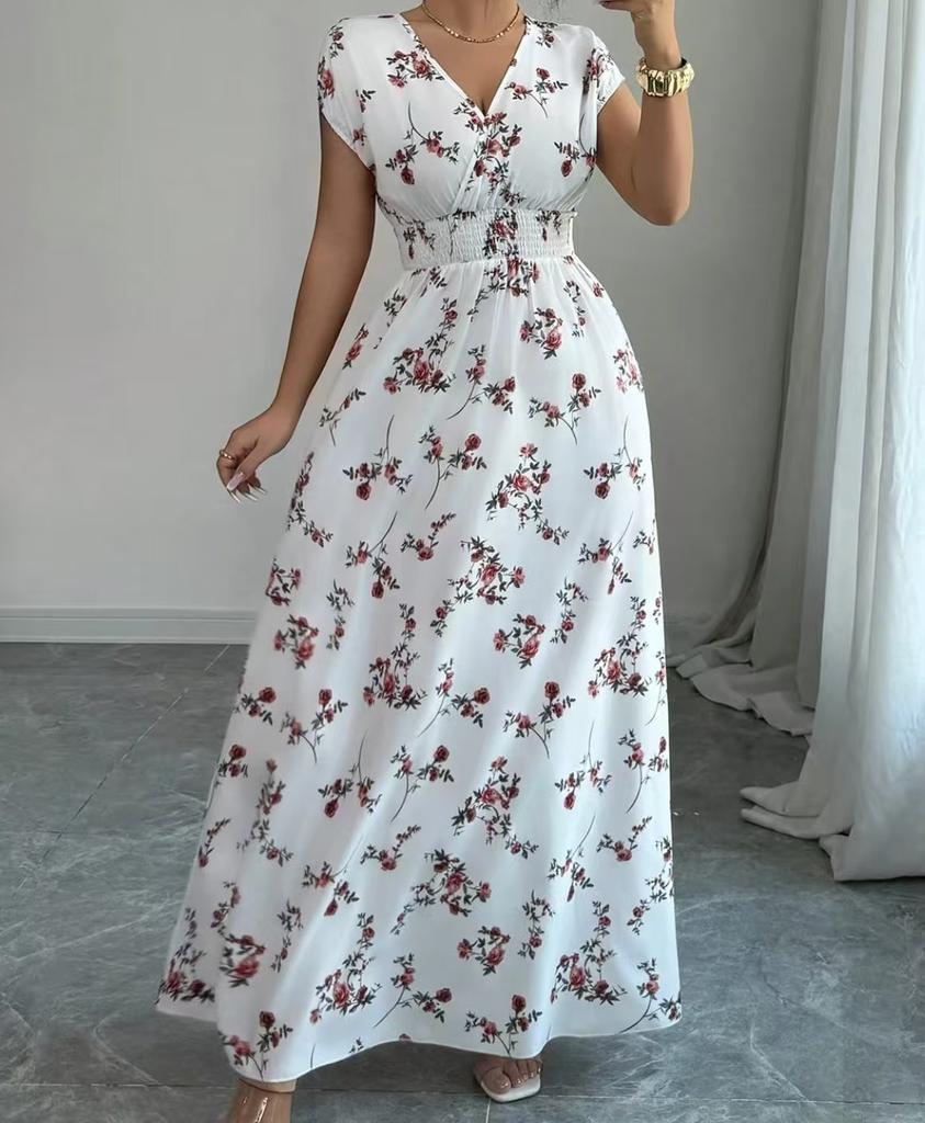 Short-sleeved dress, new printed V-neck long dress, European and American summer waist women's clothing