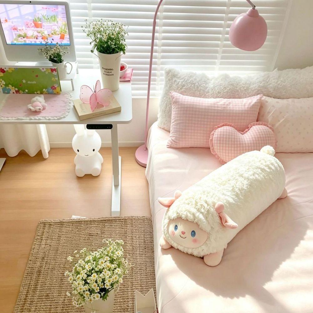 Cylindrical Shape Long Sleeping Pillow White Sheep Stuffed Animal Doll  Sheep Body Pillow