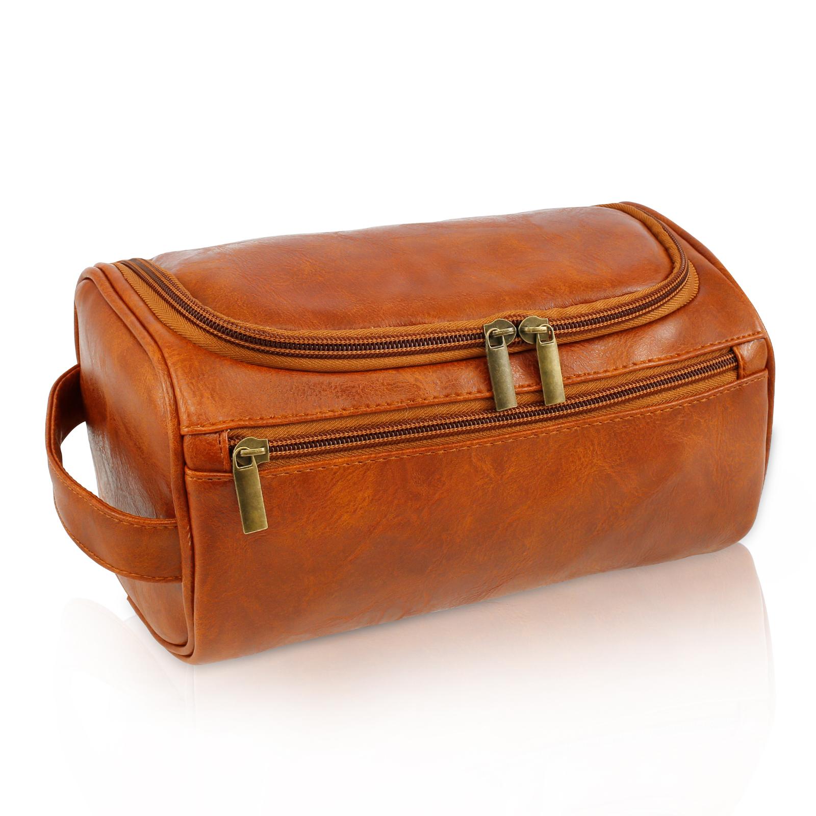 

PU Leather Toiletry Storage Bag for Men Women Large Capacity Travel Toiletry Organizer with Handle for Wash Shaving Make Up bag коричневий