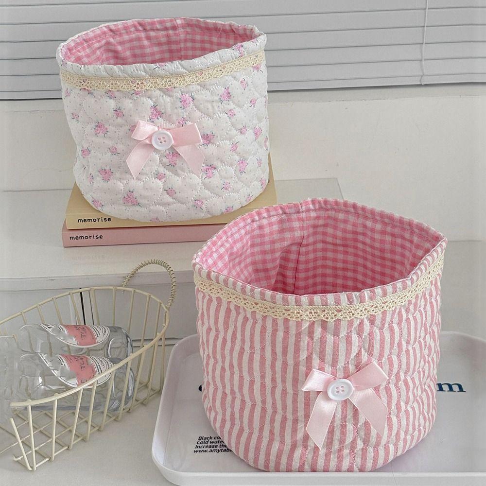 Bow Desktop Storage Basket Quilting Cotton Storage Frame Cute Organizer Box  Home Decoration