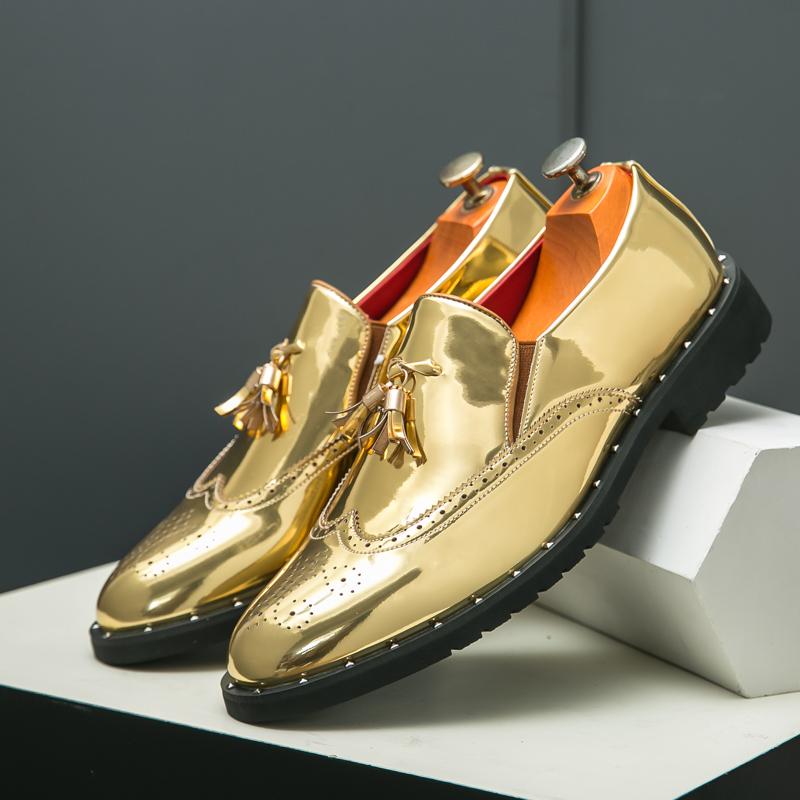 Fashion Luxury Business Formal Leather Shoes Gold Men's Casual Slip-On Oxford Fashion Pointed Office Shoes Patent Leather Tassel Shoes