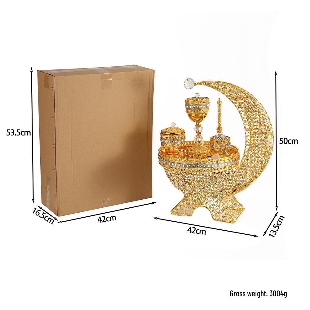 Exquisite Six-Piece Gold Incense Burner Set with Moon and Flower Design, Middle Eastern Style with Large Base.