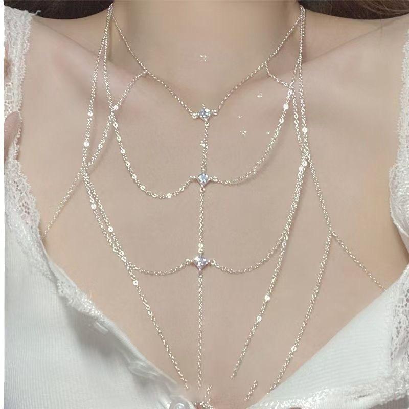 Rhinestone Decorated Body Chain, Sweet Cool Bikini Accessory Minimal High-end Clavicle Chain