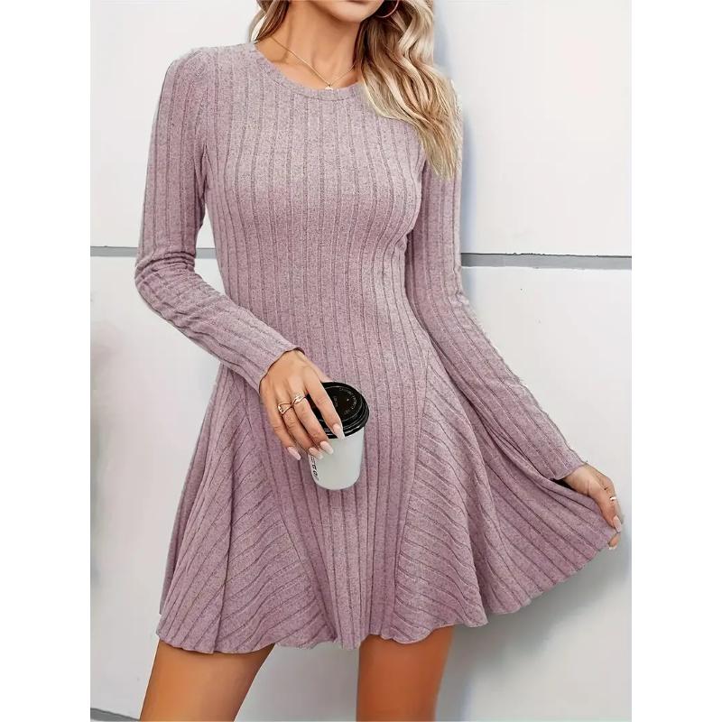 

Women s Elegant Ribbed Knit Mini Dress V Neck Long Sleeve Slim Fit Flared A-Line Casual Daily Office Party Women s Short Dress XXL рожевий