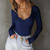 Women's Casual Fashion V-Neck Slim Fit Solid Color Top Long Sleeve