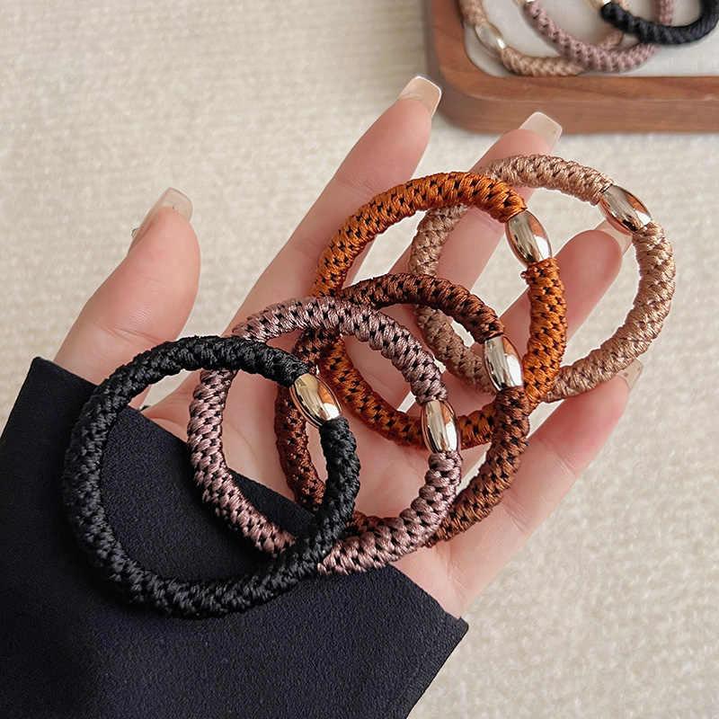 5pcs/set Hair Tie Woven Braided Twisted Elastic Hair Band Golden Color Button Ponytail Holder Rubber Band Women Hair Accessories
