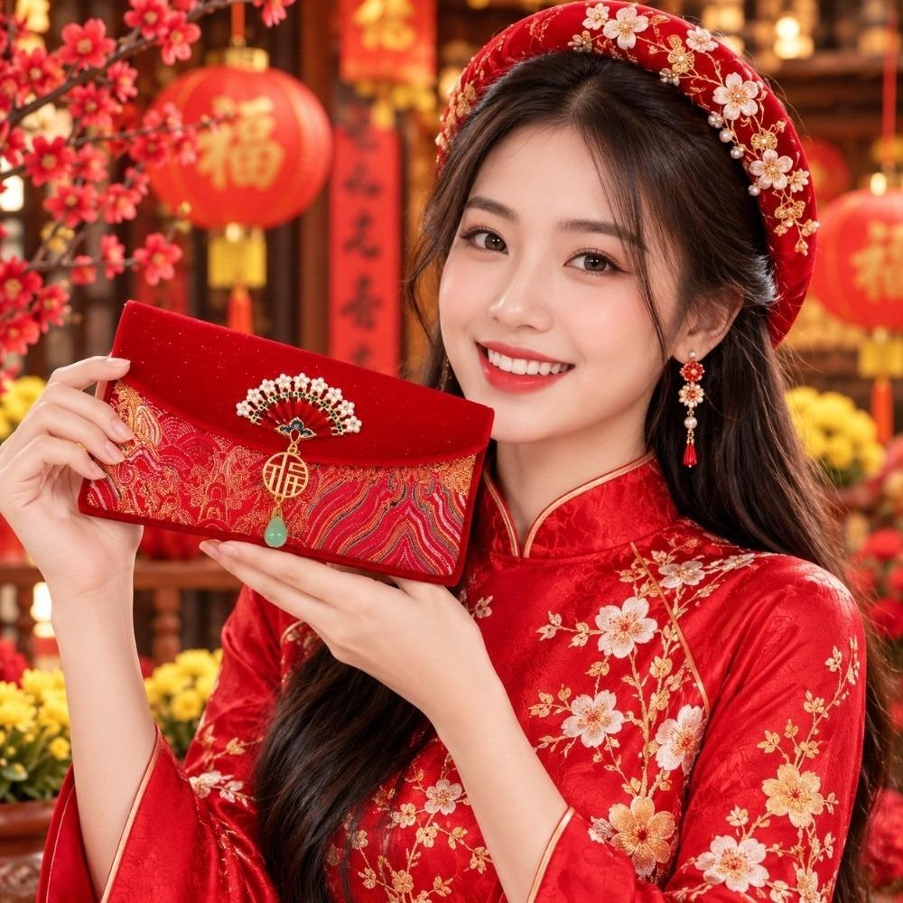 Premium Brocade Red Envelopes Exquisite Tassel Elegant Fan Decor Spring Festival Hongbao Soft Texture Reusable Cloth