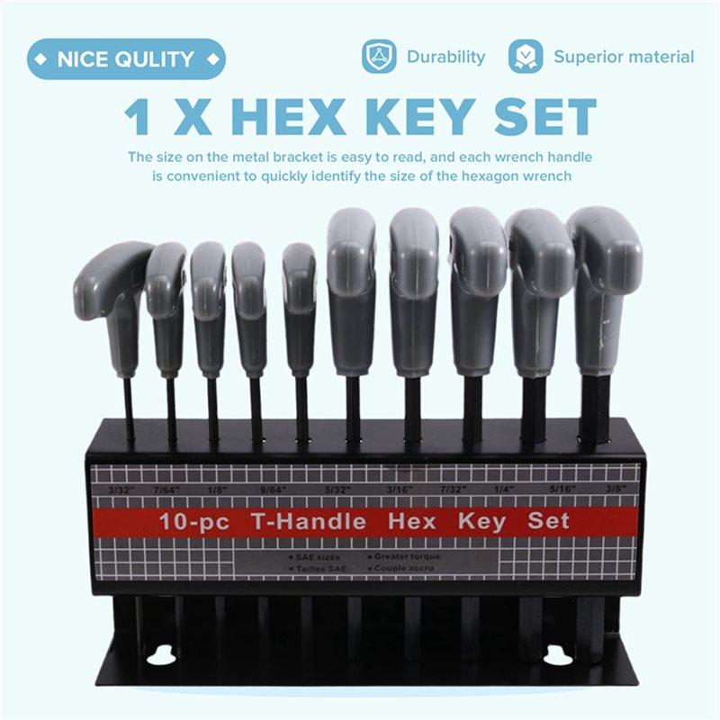 A74E-20PCS Imperial Hex Key T-Handle Set, 3/32In-3/8In T-Handle Hex Wrench Set With Storage Rack, For Automotive Repair