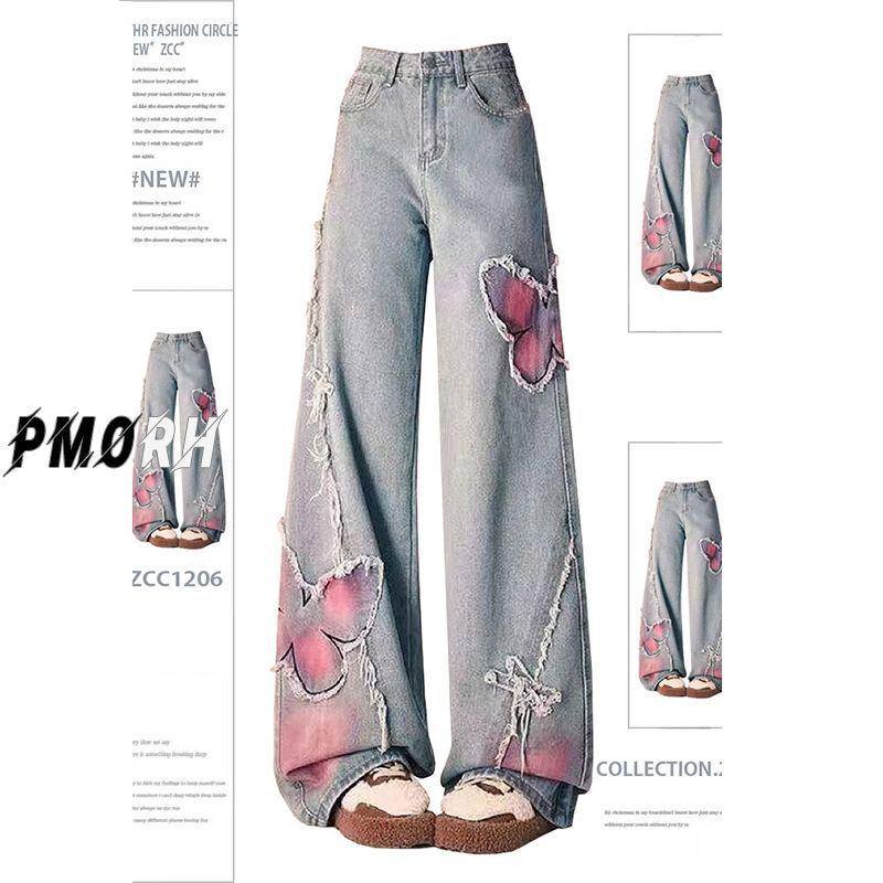 

Модные женские широкие джинсы с эффектом стирки, вышивкой в виде бабочек и необработанным краем S (Recommended 80-95 jin) светло-синий