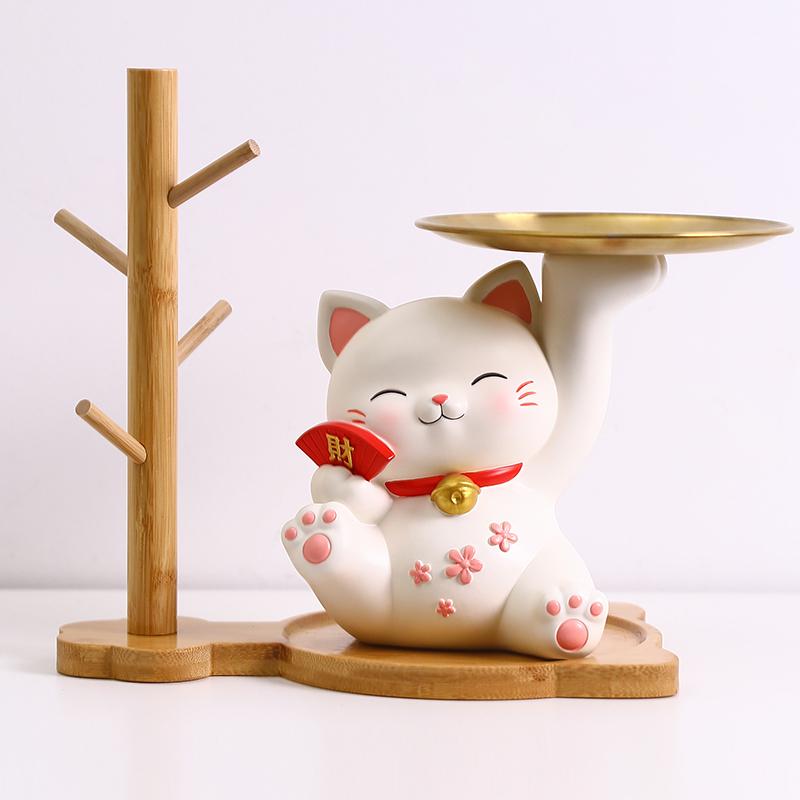 Lucky Cat Figurine with Bamboo Tray Stand, Resin Maneki Neko Decorative Storage Holder Key Plate Doorway Centerpiece