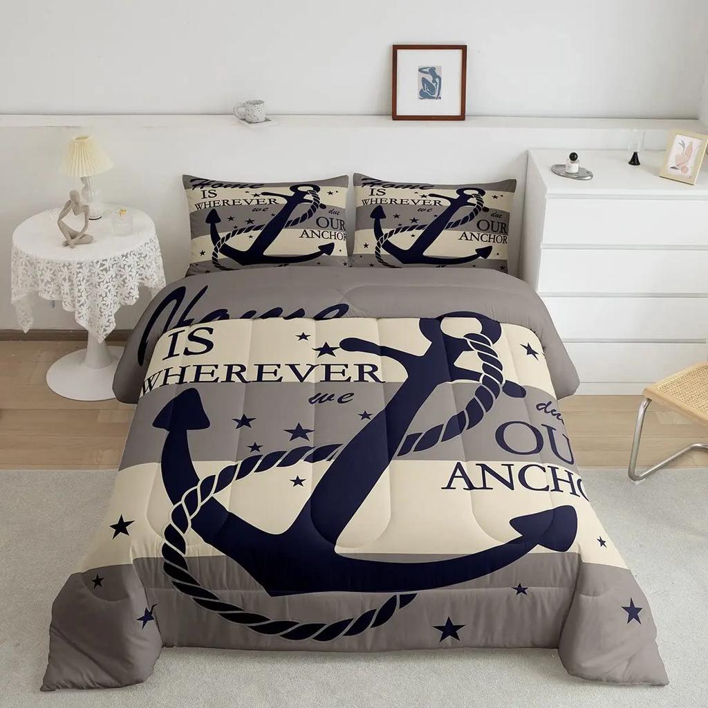 Comforter Anchor Nautical Steamboat Bedding Set Ocean Coastal Theme Blue And White Strip For Kids Adults King Size