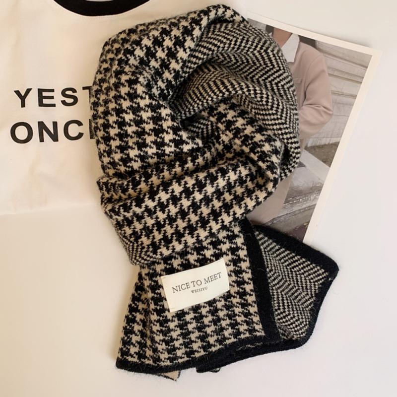 Women Simple Houndstooth Scarf Fashion Classic Winter Warm Knitted Neckerchief Neck Warmer For
