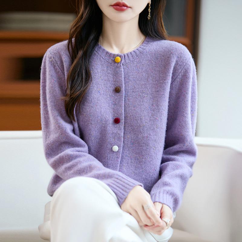 100% Wolle Damen Herbst/Winter Koreanischer Stil Punktgestrickte Strickjacke - Vielseitig, Figurbetont & Modisch Rundhals