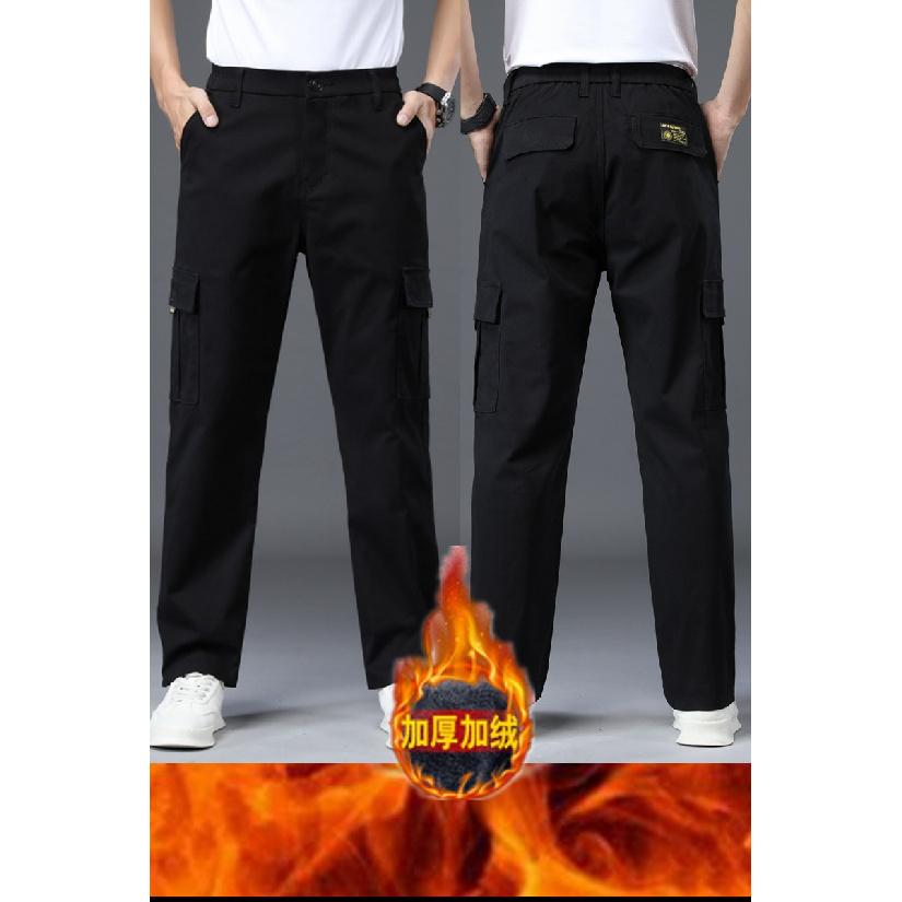 Winter Men'S Warm Cotton Stretch Work Pants With Thick Velvet And Loose Straight Tube Elastic Waist Multi Pocket Casual Pants