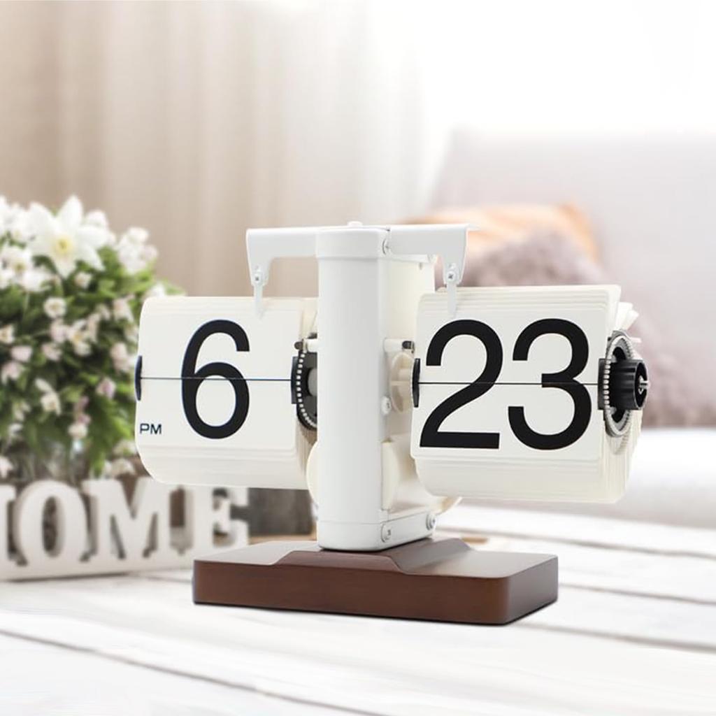 LAEYI Flip Clock, Wooden Desk Clock, Retro Style, Stylish, Gift for Boyfriend/Friend, Gift for Desk, White