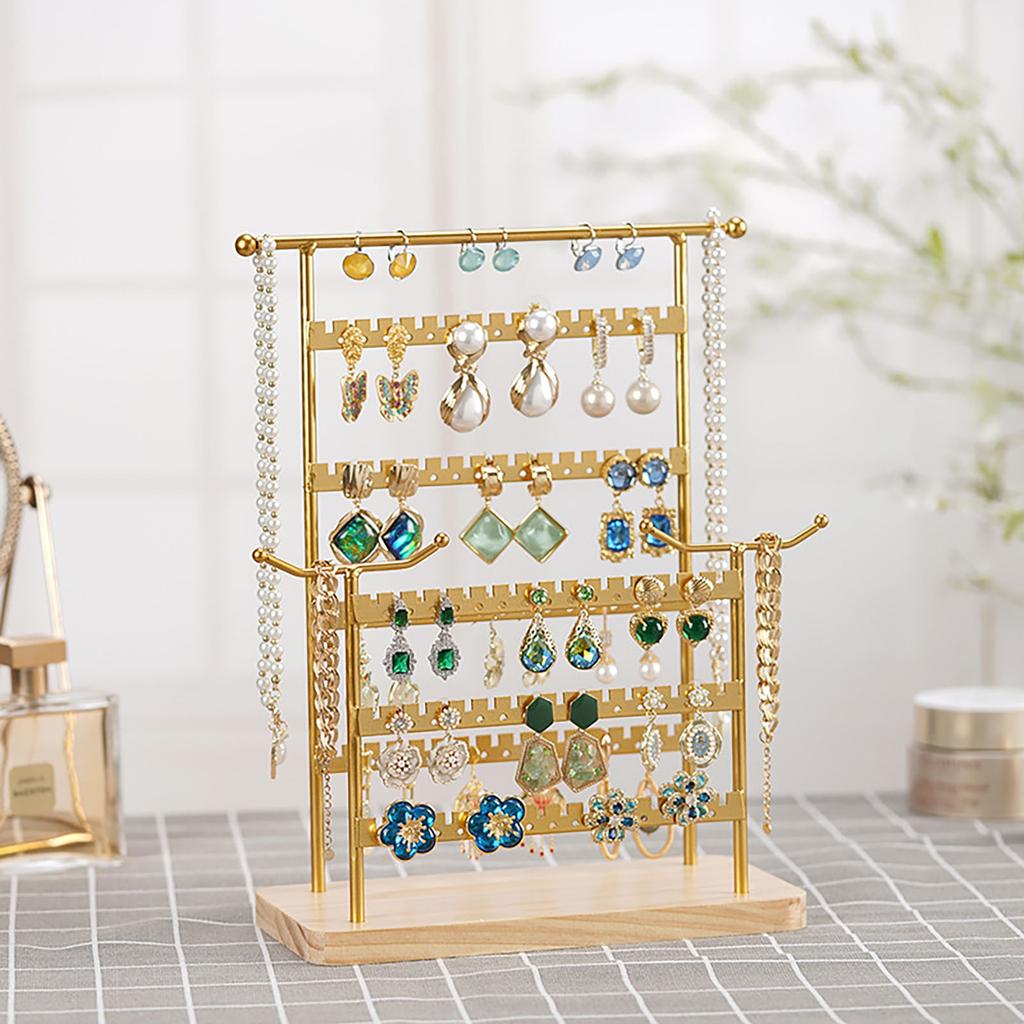 Adjustable Two-Tier Detachable Jewelry Organizer Stand with Multiple Slots and Hooks on Wooden Base for Necklace Bracelet Earrings Display