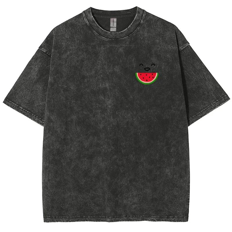 Sommer Wassermelonenmuster T-Shirt für Männer und Frauen Gewaschen und Distressed Lässig Kurzarm Streetwear T-Shirt