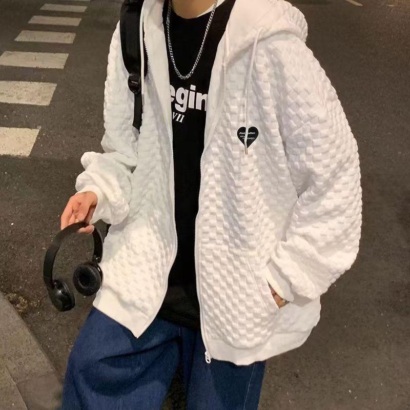Jacket Men's Spring and Autumn Versatile Korean Style Trendy Student Loose Hong Kong Style Waffle Style Hooded Jacket
