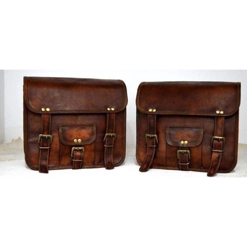 Saddlebags Motorcycle Pouch Brown Leather Two Bags Panniers Saddle Bag