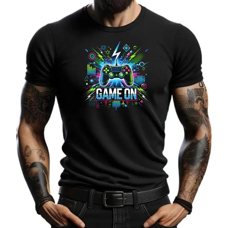 

Black Gamer T Shirt Game On for Men Video Design with Controller and Retro Neon Style 5XL різнокольоровий
