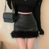 Versatile Black Heavy-duty Skirt for Women New Style for Autumn and Winter High-grade High-waisted Hip-wrapped Leather Skirt Fur Stitching Short Skirt