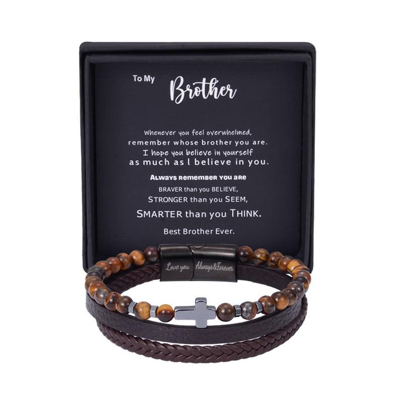 Creative Natural Stone Stainless Steel Bracelet - Obsidian Volcanic Stone Element Simple Cross Multi-Layered Bracelet