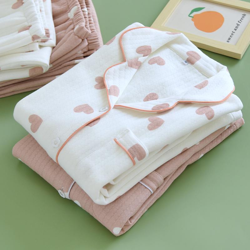 Autumn/Winter Women's Pure Cotton Long-sleeve Homewear Set - Thickened Air Layer for Warmth