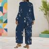 Women Plus Size Two Piece Pants Set Round Neck Long Sleeve Printed Dark Blue Layered Top Wide Leg Pants