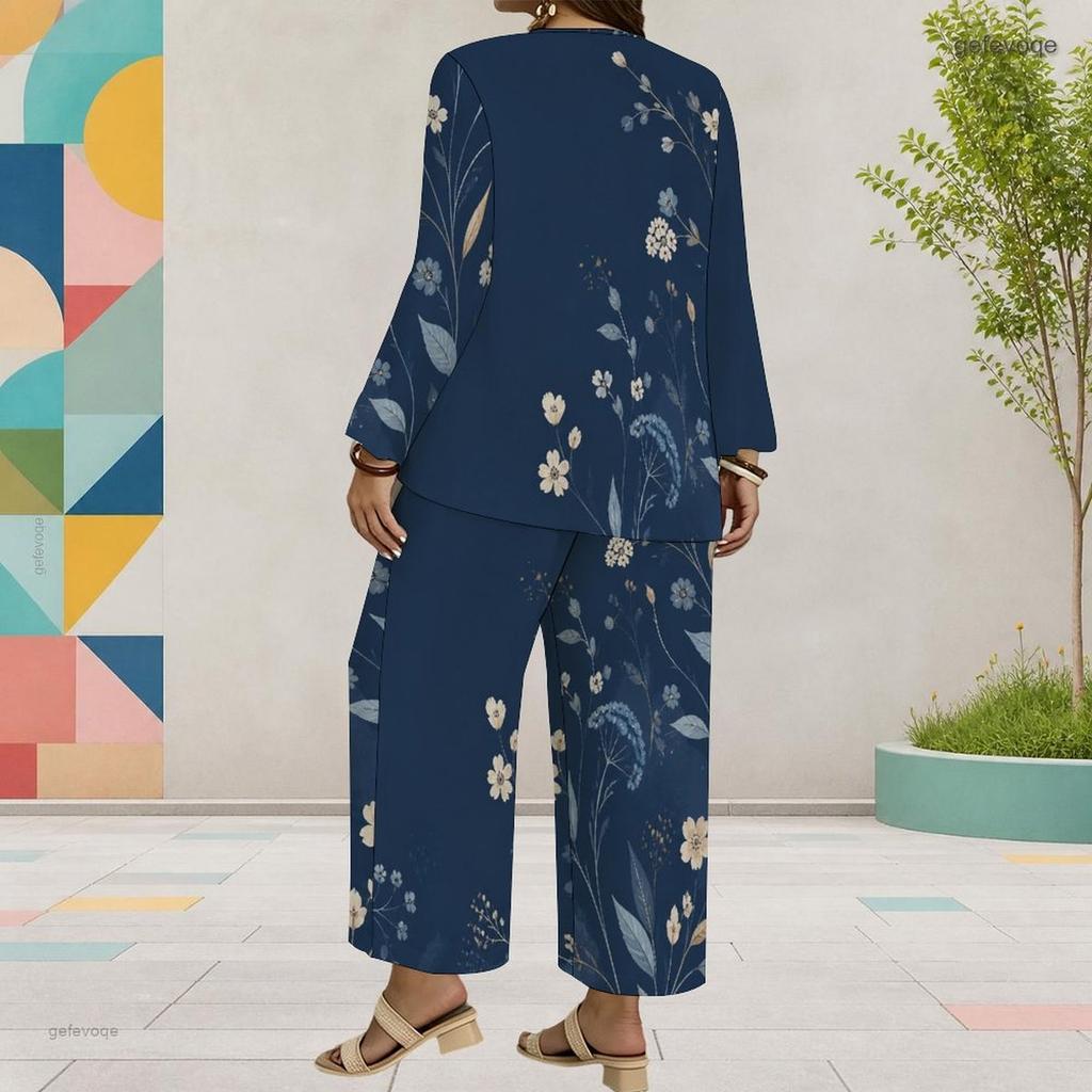Women Plus Size Two Piece Pants Set Round Neck Long Sleeve Printed Dark Blue Layered Top Wide Leg Pants