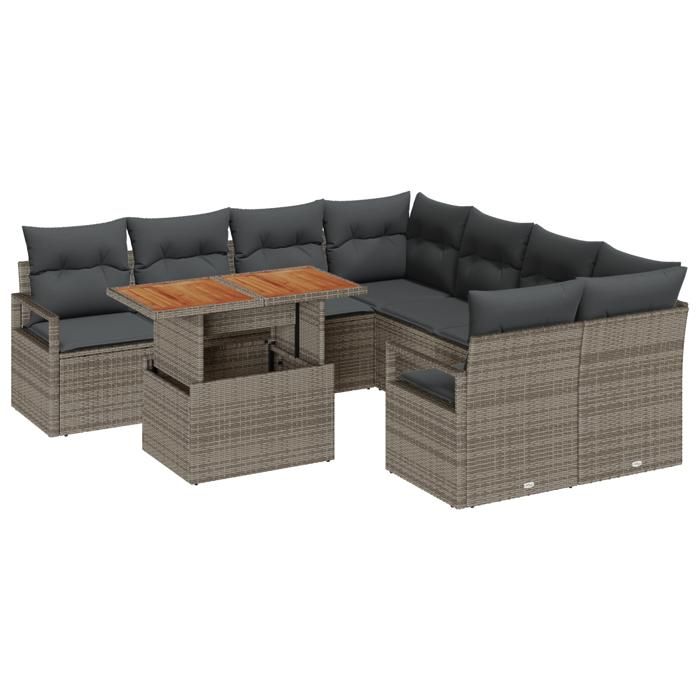 Ensemble de Canapé de Jardin 9 Pièces avec Coussins Gris Poly Rattan Acacia, Canapé de Jardin 2 Places avec Coussins Gris 3349691