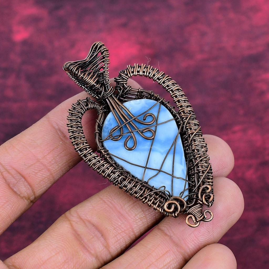 Owyhee Blue Opal Pendant Handmade Pendant Gemstone Copper Wire Wrapped Jewelry