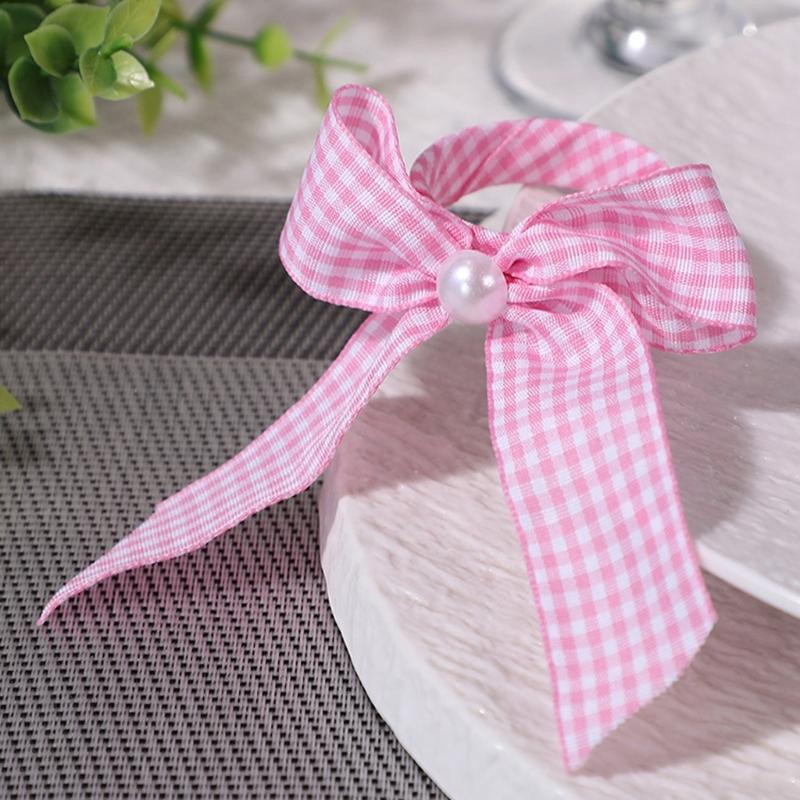 12Pcs Striped Bowknot Tie Napkin Rings Satins Fabric Pearls Embellishment Dining Table Decoration Desktop Accessories