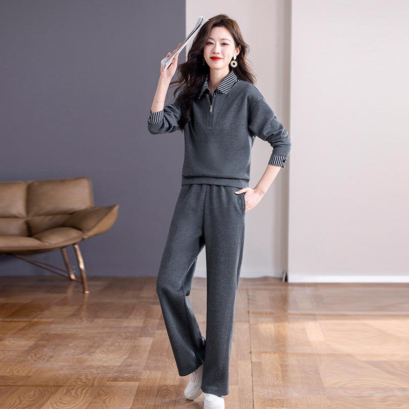 

Khmer Women s Spring 2026 Half-Zip Collar Casual Sportswear Set - New Stripe Color Block Two-Piece 3XL [Recommended 140-155 lbs] сірий колір
