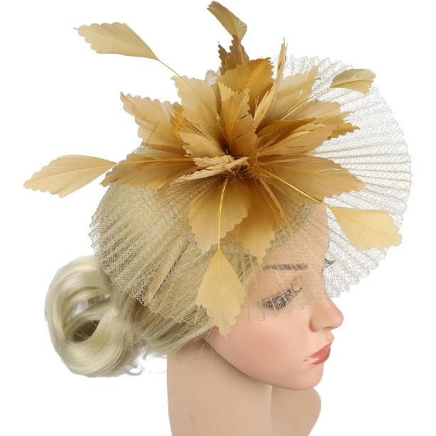 Hemobllo Voile en Maille de Mariée Hauts Chapeau avec Plume, Headpiece en Maille Dorée pour Femmes Mariage Fête du Thé, Accessoire pour Occasion Spéciale