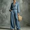 1116 New European and American Spring and Autumn Women's Fashion Solid Color Casual Shirt Top Wide-Leg Pants Two-Piece Set