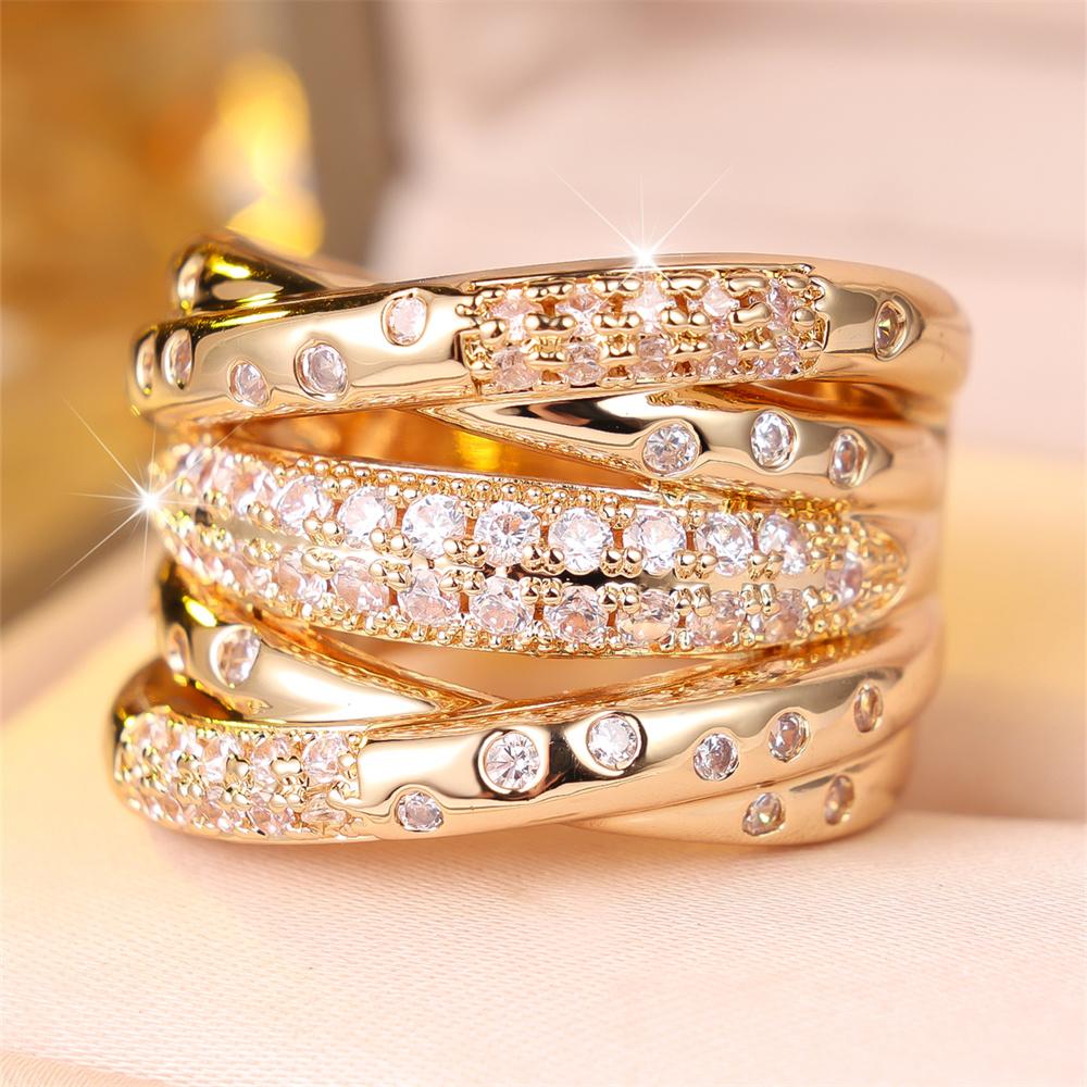 Multilayer Crystal White Zircon Small Round Stone Rings For Women Vintage Gold Color Engagement Bands Wedding Jewelry Accessory