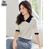Women's Doll Collar Color Block Knit Short Sleeve T-Shirt