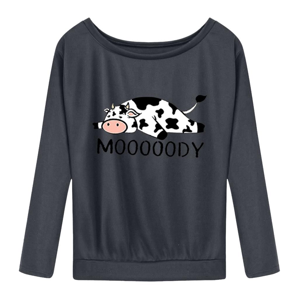 Women's Fashion Casual Cow Printed Long Sleeve Off Shoulder One Line Collar Top