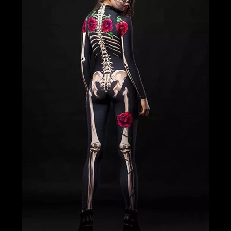 Women Halloween Party Costume Turtleneck Skull Print Long Sleeve Jumpsuit Outfit Scary Skeleton Bodysuit for Adults