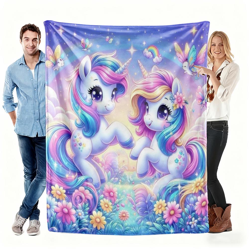 Coperta in Pile Unicorno Cartone Animato Stampa Farfalla Arcobaleno Floreale Coperta Plaid Morbida Accogliente Stile Fantasy per Bambini Portatile