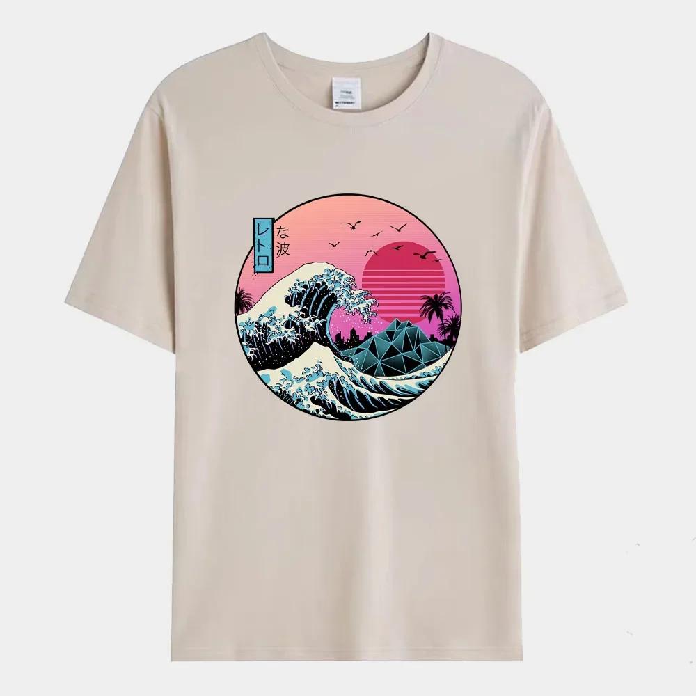 Camiseta Masculina de Verão Ondas do Pôr do Sol no Japão Camiseta Estampada Moda 100% Algodão Manga Curta Camiseta Oversized Roupas Masculinas